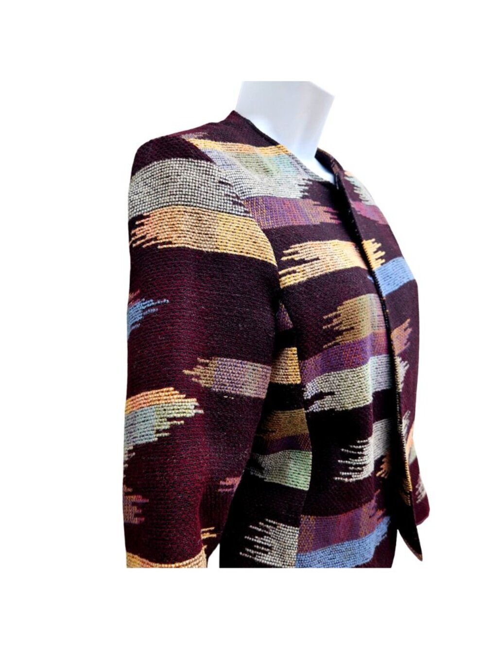 Vintage Art to Wear Woven Wool Jacket Abstract Ikat Stripe Boxy Lined Small - Picture 10 of 13